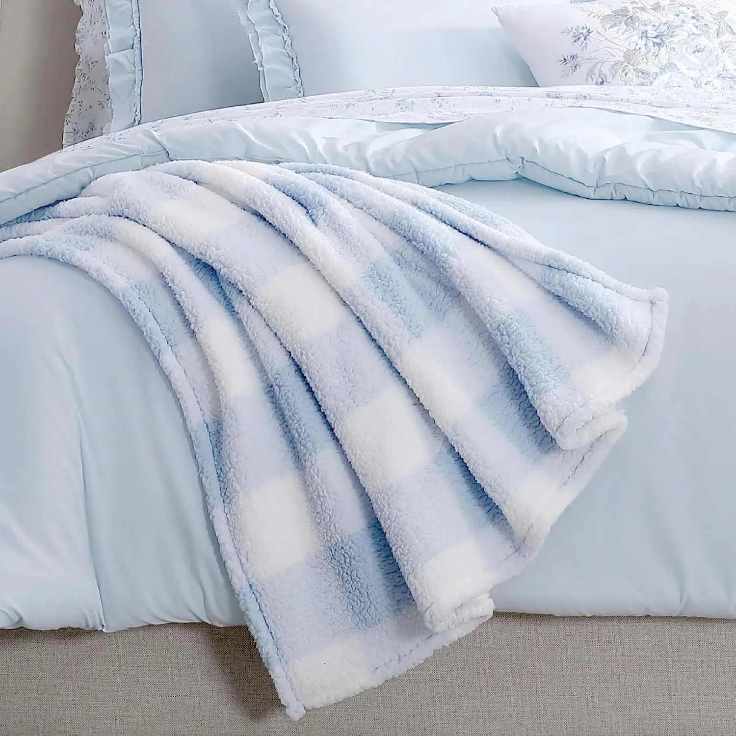Shabby Chic® - Throw Blanket, Plaid Sherpa Bedding with Solid Reverse, Cozy Home Decor for Bed or Couch (Gingham Blue)