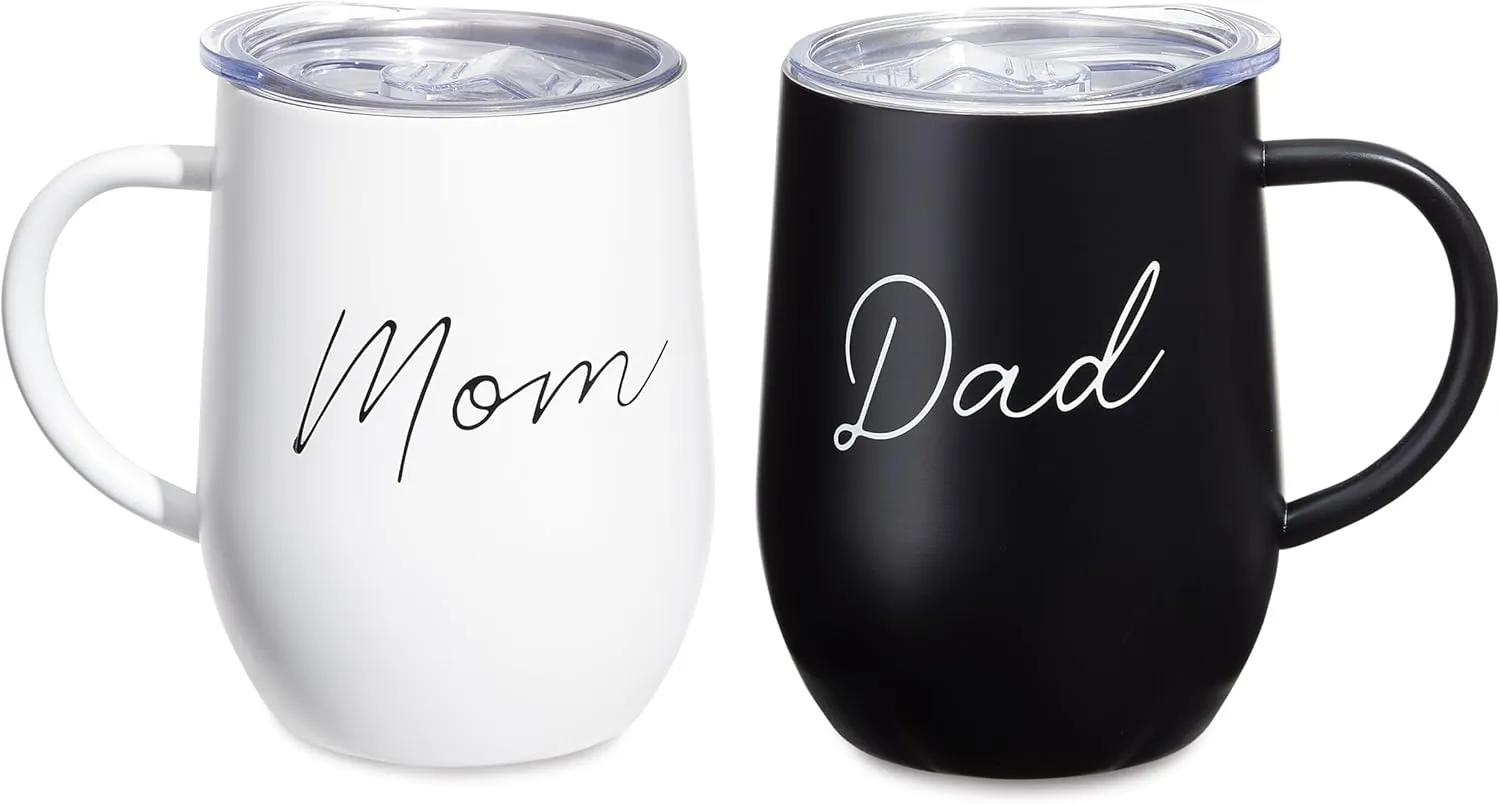 Sheffield Home Stainless Steel insulated Coffee Mug with Travel Lid & Handle - 12 oz Dishwasher Safe Mom & Dad Tea Mug - Adorable Coffee Cup Gift Set for New Parents (Black & White)