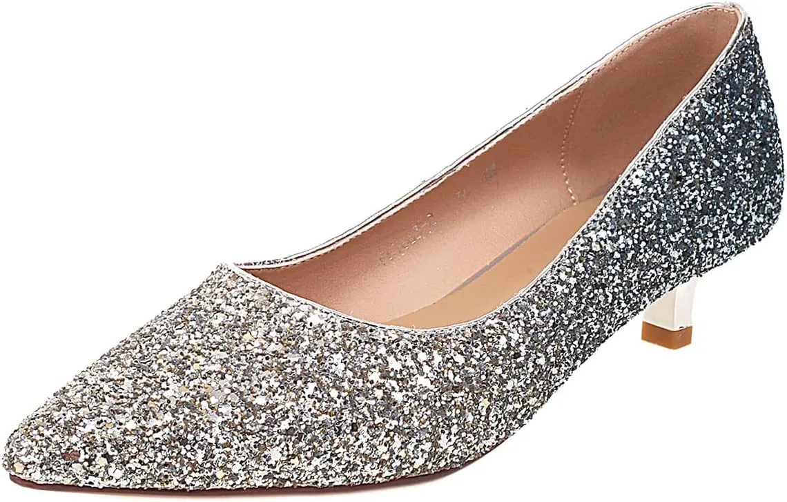 SHEMEE Women's Sequin Kitten Heel Wedding Pumps Pointed Toe Sparkly Party Wear Glitter Bridal Shoes