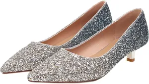 SHEMEE Women's Sequin Kitten Heel Wedding Pumps Pointed Toe Sparkly Party Wear Glitter Bridal Shoes