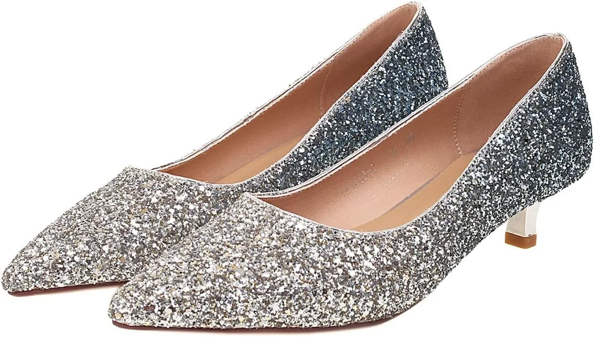 SHEMEE Women's Sequin Kitten Heel Wedding Pumps Pointed Toe Sparkly Party Wear Glitter Bridal Shoes