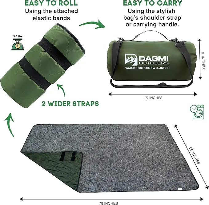 Sherpa Waterproof Outdoor Blanket. Large Sherpa Stadium & Camping Blankets for Cold Weather. Perfect for Picnic, Concerts, Grass, Car, Boat. Windproof, Extra Warm, Machine Washable.