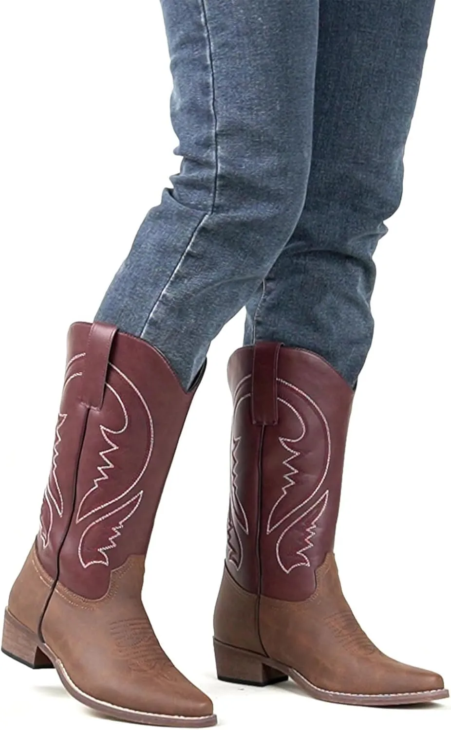 SheSole Cowboy Boots for Women Wide Calf Cowgirl Western Boots Embroidered Country Boots Pointed Toe Brown