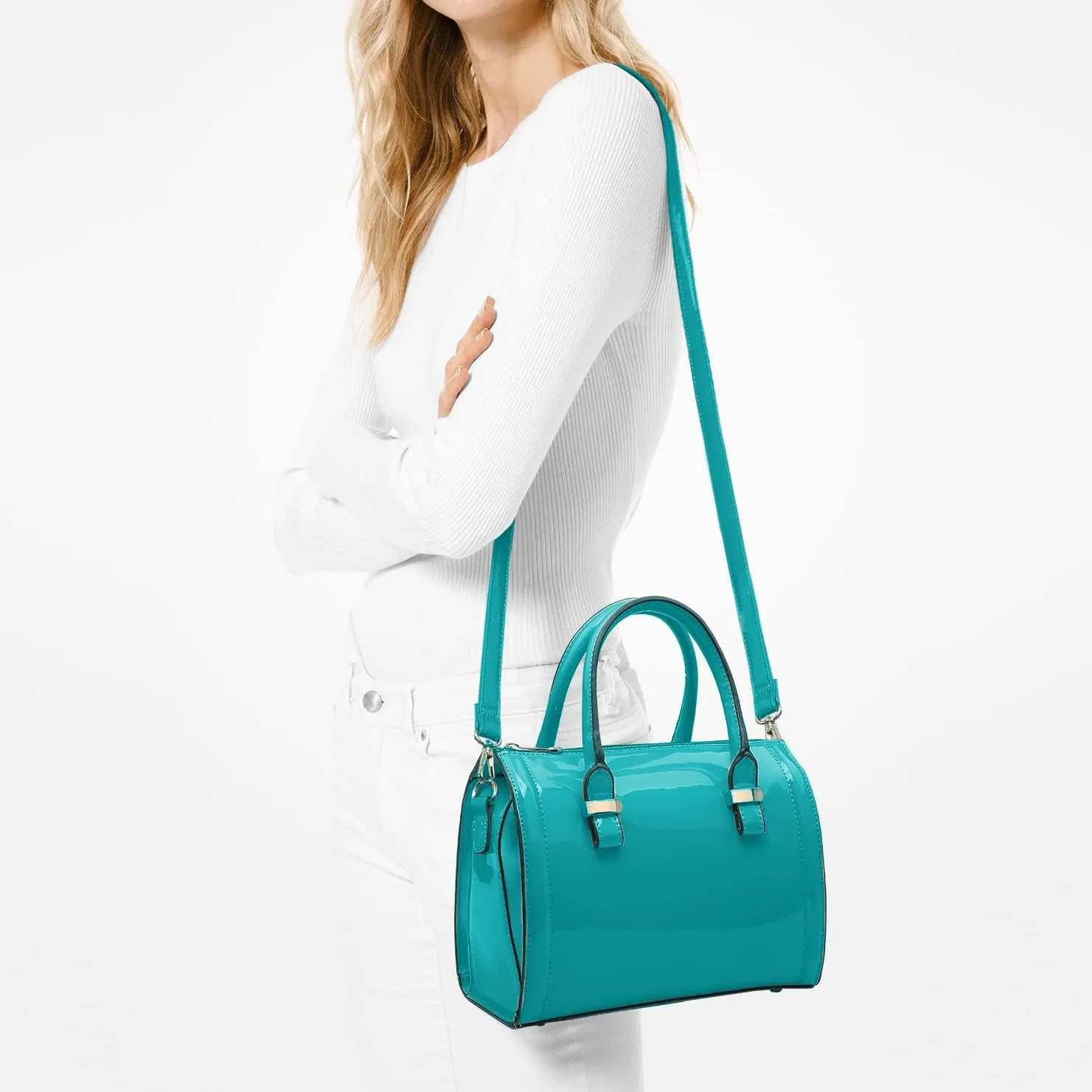 Shiny Patent Faux Leather Handbags Barrel Top Handle Purse Satchel Bag Shoulder Bag for Women