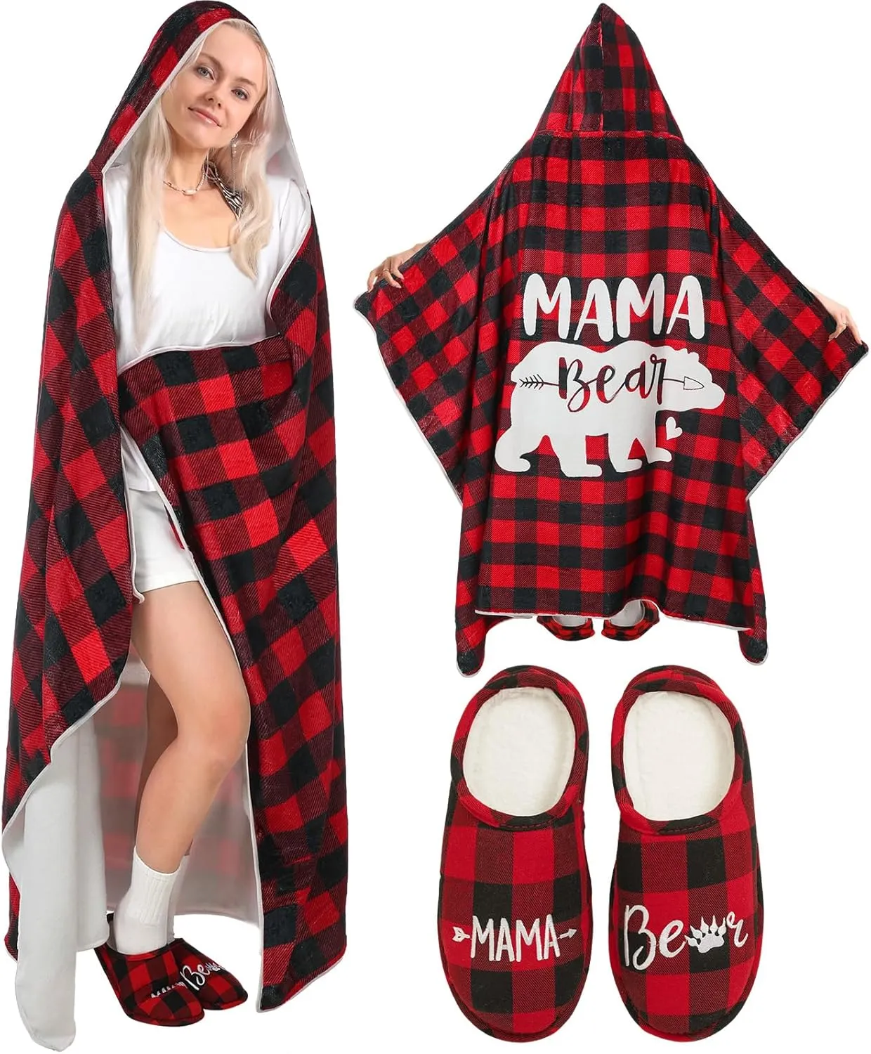 Shinymoon Gift for Mom Blanket Hoodie Mama Bear Slippers Plaid Wearable Blanket Valentine Mother's Day Gifts for Mom Wife