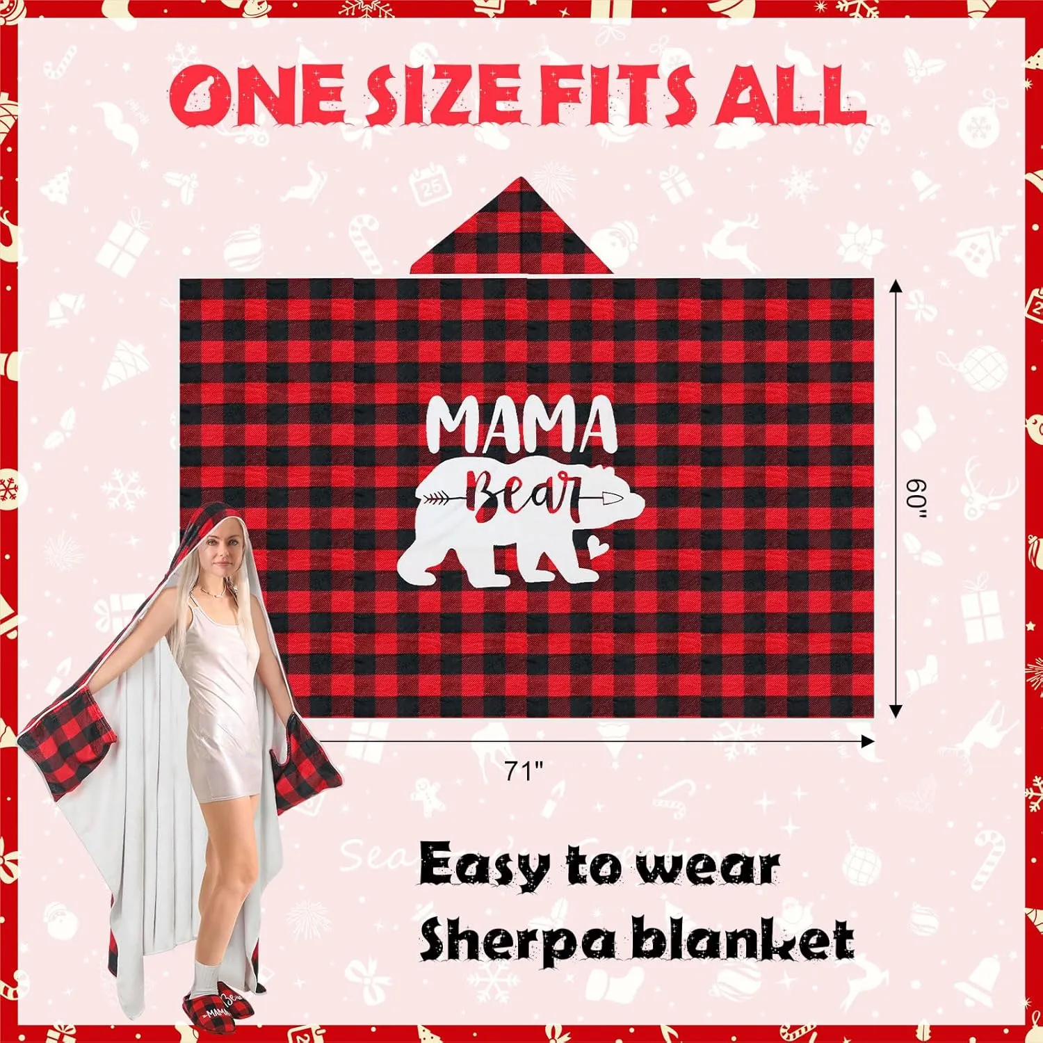 Shinymoon Gift for Mom Blanket Hoodie Mama Bear Slippers Plaid Wearable Blanket Valentine Mother's Day Gifts for Mom Wife
