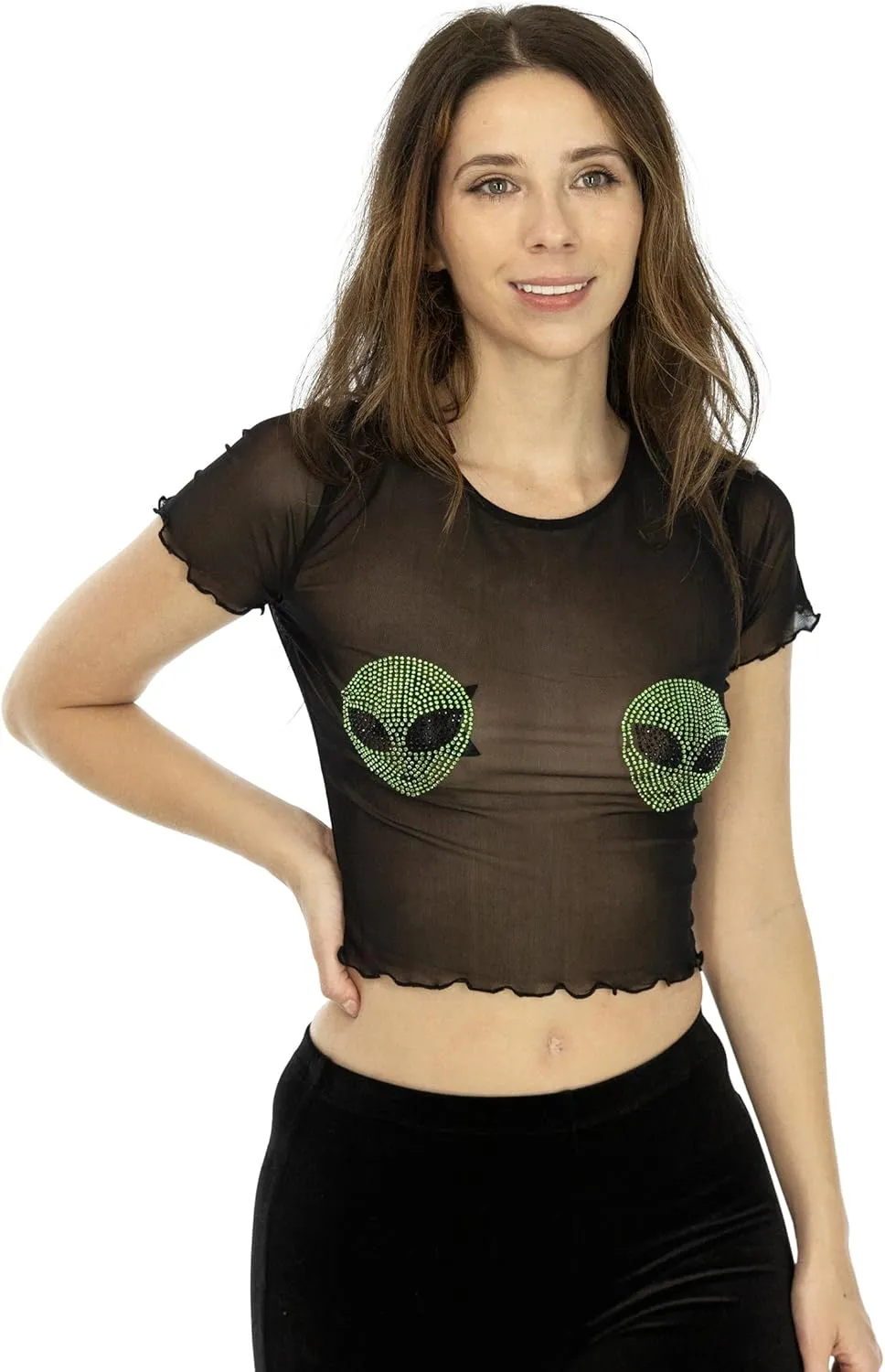Shop Delfina Women's Sequin Pasties Sheer Mesh See Through Festival Crop Top