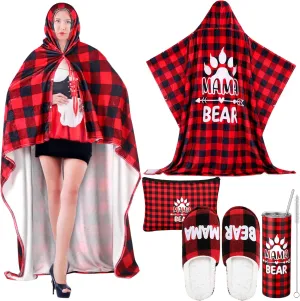Sieral 5 Pcs Mother's Day Gift Box Set, Mama Bear Buffalo Plaid Wearable Blanket Hoodie Slippers Cosmetic Bag 20 OZ Tumbler Mom Wife Birthday Holiday Gifts from Son Daughter Husband (Slippers 8-9)