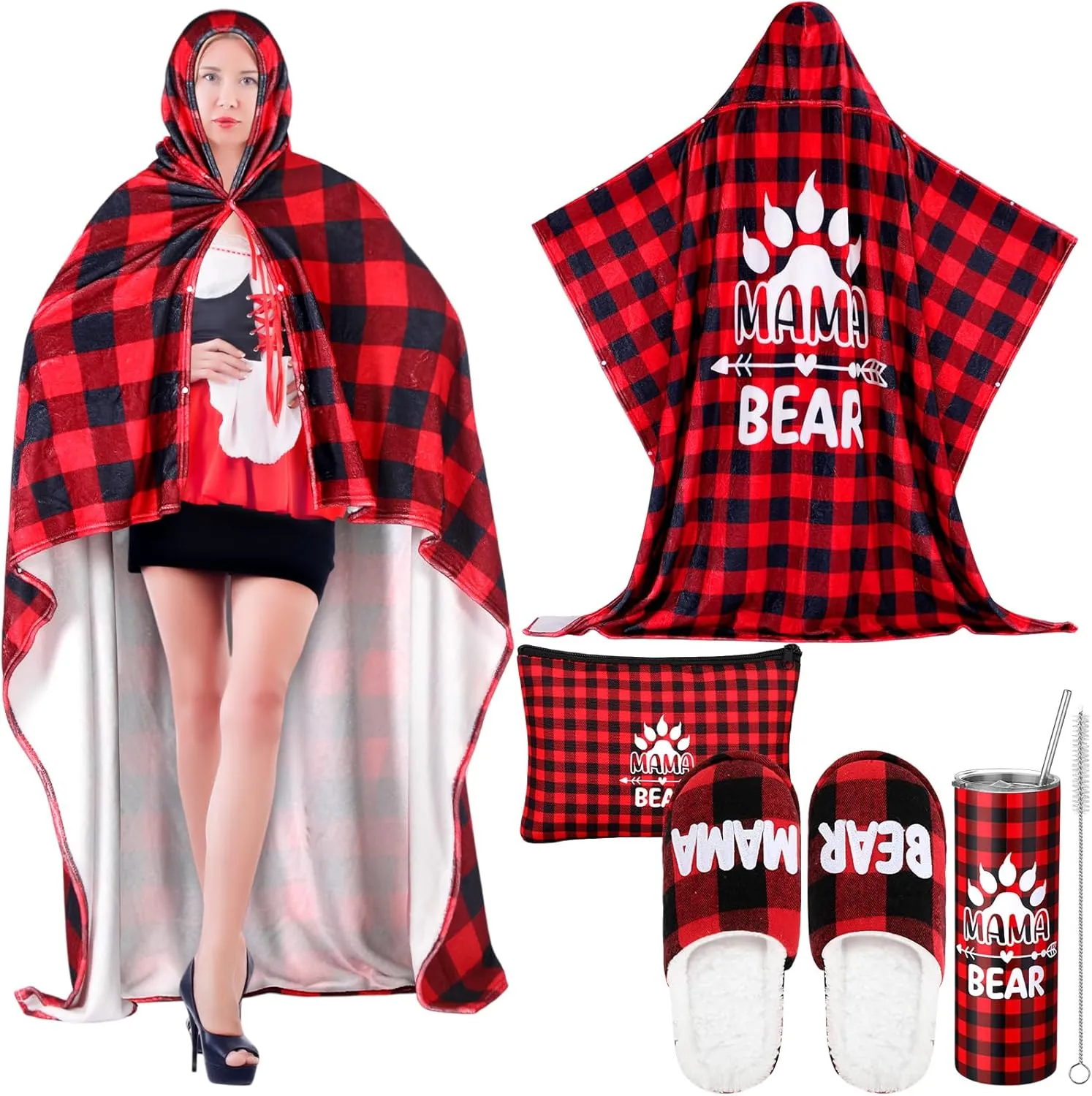 Sieral 5 Pcs Mother's Day Gift Box Set, Mama Bear Buffalo Plaid Wearable Blanket Hoodie Slippers Cosmetic Bag 20 OZ Tumbler Mom Wife Birthday Holiday Gifts from Son Daughter Husband (Slippers 8-9)