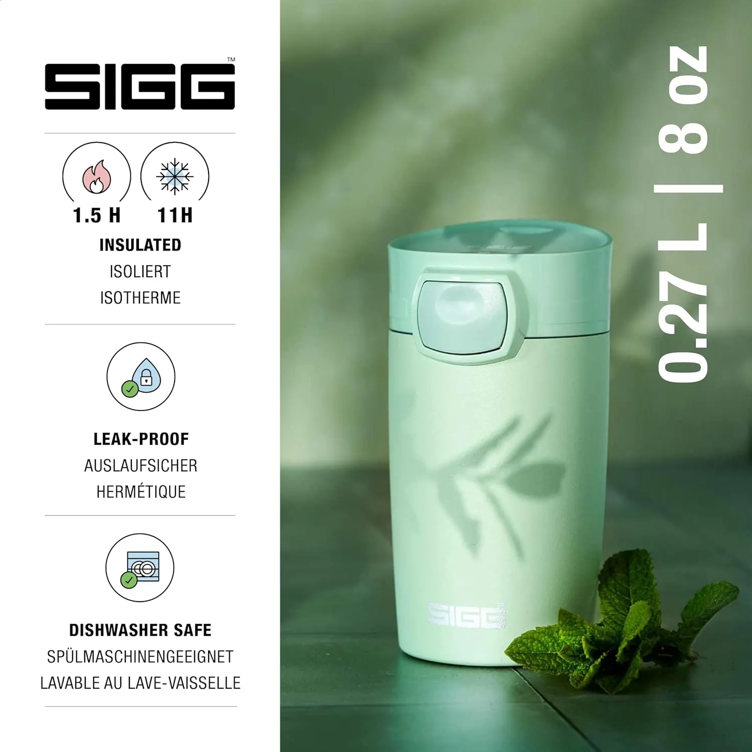 SIGG Miracle Milky Green Touch Insulated Coffee Mug (9 Oz), Pollutant-Free and Insulated Coffee Travel Mug, Leak-Proof Stainless Steel Coffee Thermos