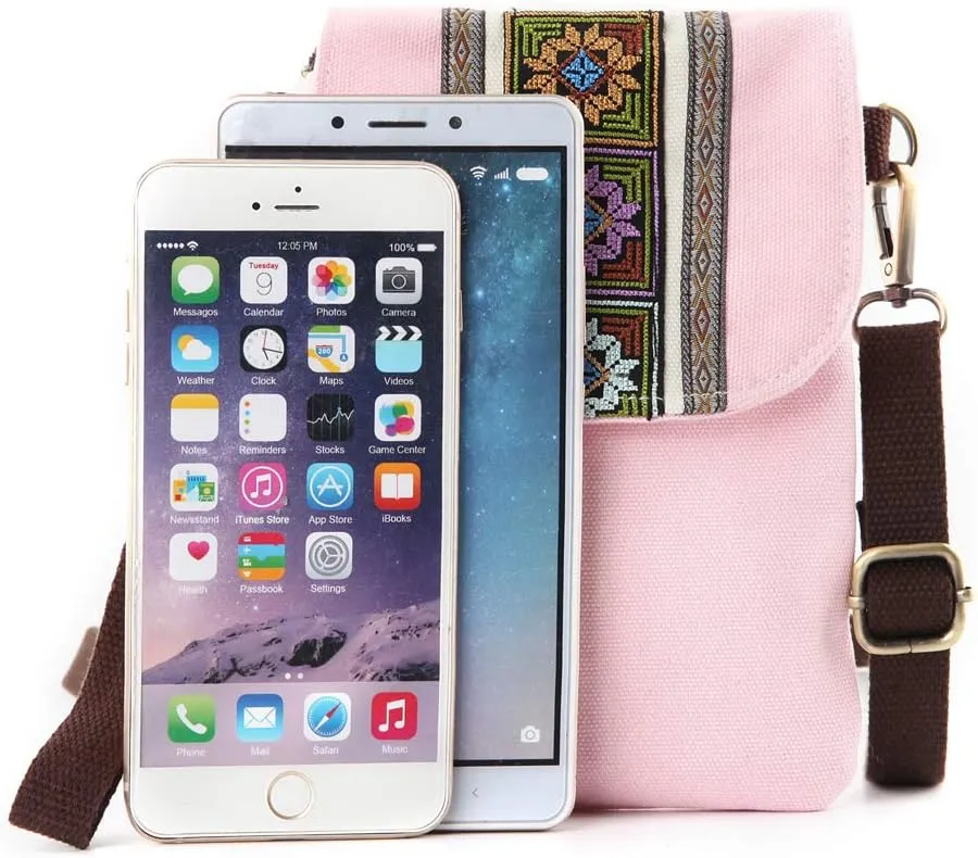 SILKAREA Vintage Embroidered Canvas Flip Small Crossbody Bag Cell Phone Pouch for Women Wristlet Wallet Bag Coin Purse