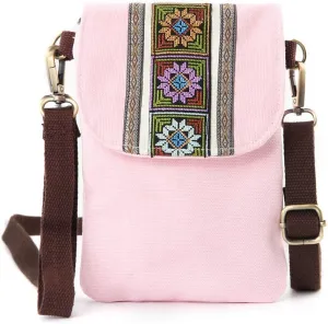 SILKAREA Vintage Embroidered Canvas Flip Small Crossbody Bag Cell Phone Pouch for Women Wristlet Wallet Bag Coin Purse