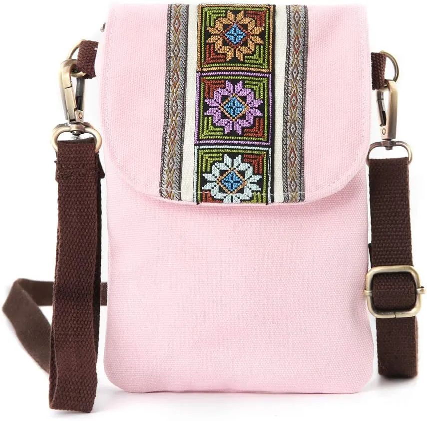 SILKAREA Vintage Embroidered Canvas Flip Small Crossbody Bag Cell Phone Pouch for Women Wristlet Wallet Bag Coin Purse