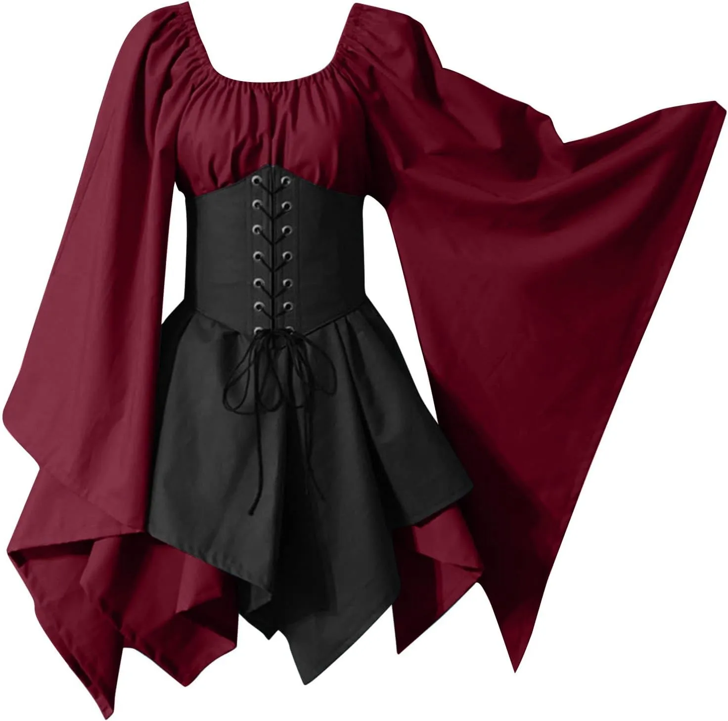Sinzelimin Women's Corset Dresses Gothic Court Style Lace up Slim Fit Bell Sleeves Knee-High Mini Dress Halloween Party Dress