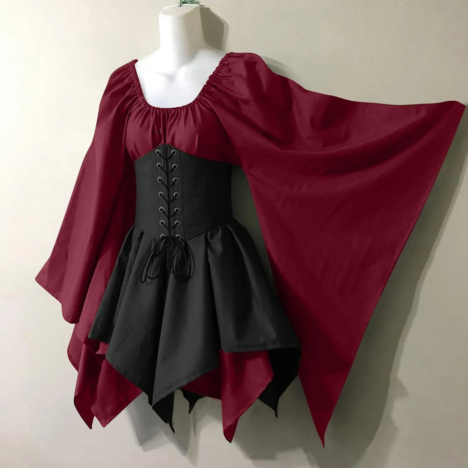 Sinzelimin Women's Corset Dresses Gothic Court Style Lace up Slim Fit Bell Sleeves Knee-High Mini Dress Halloween Party Dress