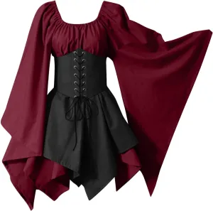 Sinzelimin Women's Corset Dresses Gothic Court Style Lace up Slim Fit Bell Sleeves Knee-High Mini Dress Halloween Party Dress