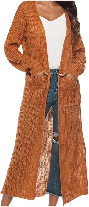 SMIDOW Womens Solid Open Front Long Cardigan Sweater with Slit Large Pockets Long Thin Coat Fall Casual Duster Outerwear