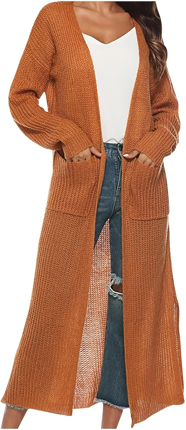 SMIDOW Womens Solid Open Front Long Cardigan Sweater with Slit Large Pockets Long Thin Coat Fall Casual Duster Outerwear