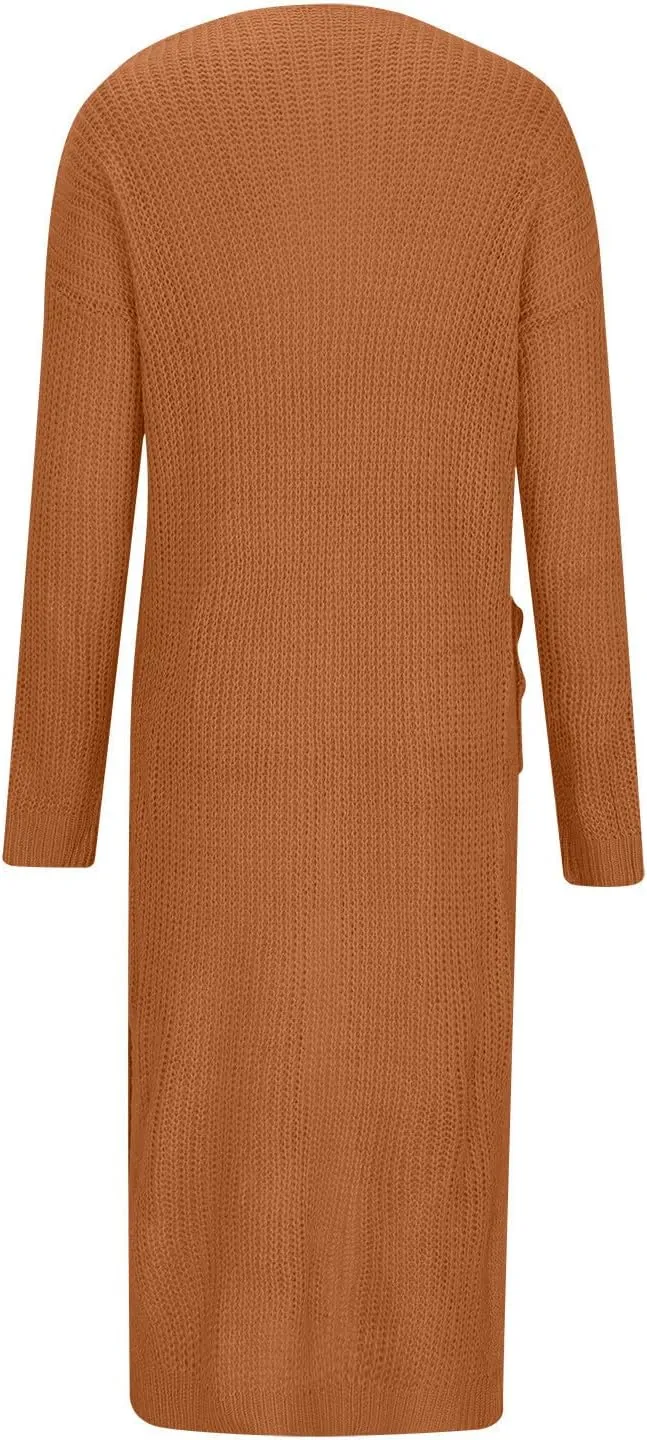SMIDOW Womens Solid Open Front Long Cardigan Sweater with Slit Large Pockets Long Thin Coat Fall Casual Duster Outerwear