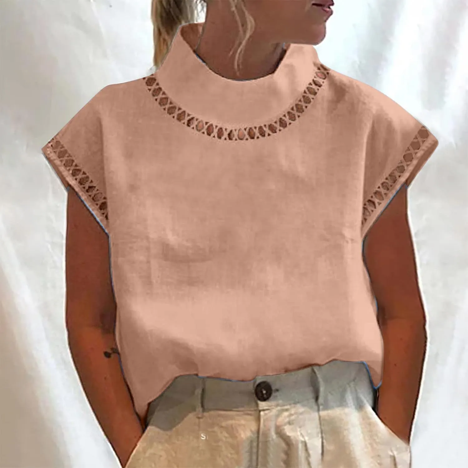 SMIDOW Womens Tops Dressy Casual Spring 2023 Fashion Casp Sleeve Linen Shirts High Neck Eyelet Summer t-Shirt Blouse