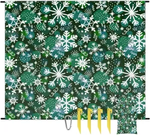 Snowflake Prints Beach Blanket, Sandproof Beach Mat, 68 x 59 Waterproof Quick Drying Sand Free Mat with 4 x Ground Spikes for Outdoor Travel Camping Hiking, Christmas