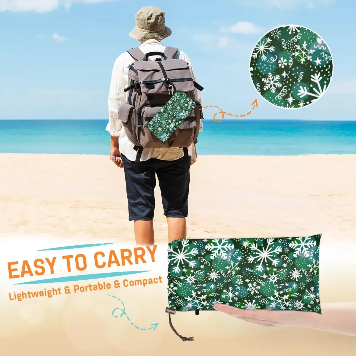 Snowflake Prints Beach Blanket, Sandproof Beach Mat, 68 x 59 Waterproof Quick Drying Sand Free Mat with 4 x Ground Spikes for Outdoor Travel Camping Hiking, Christmas