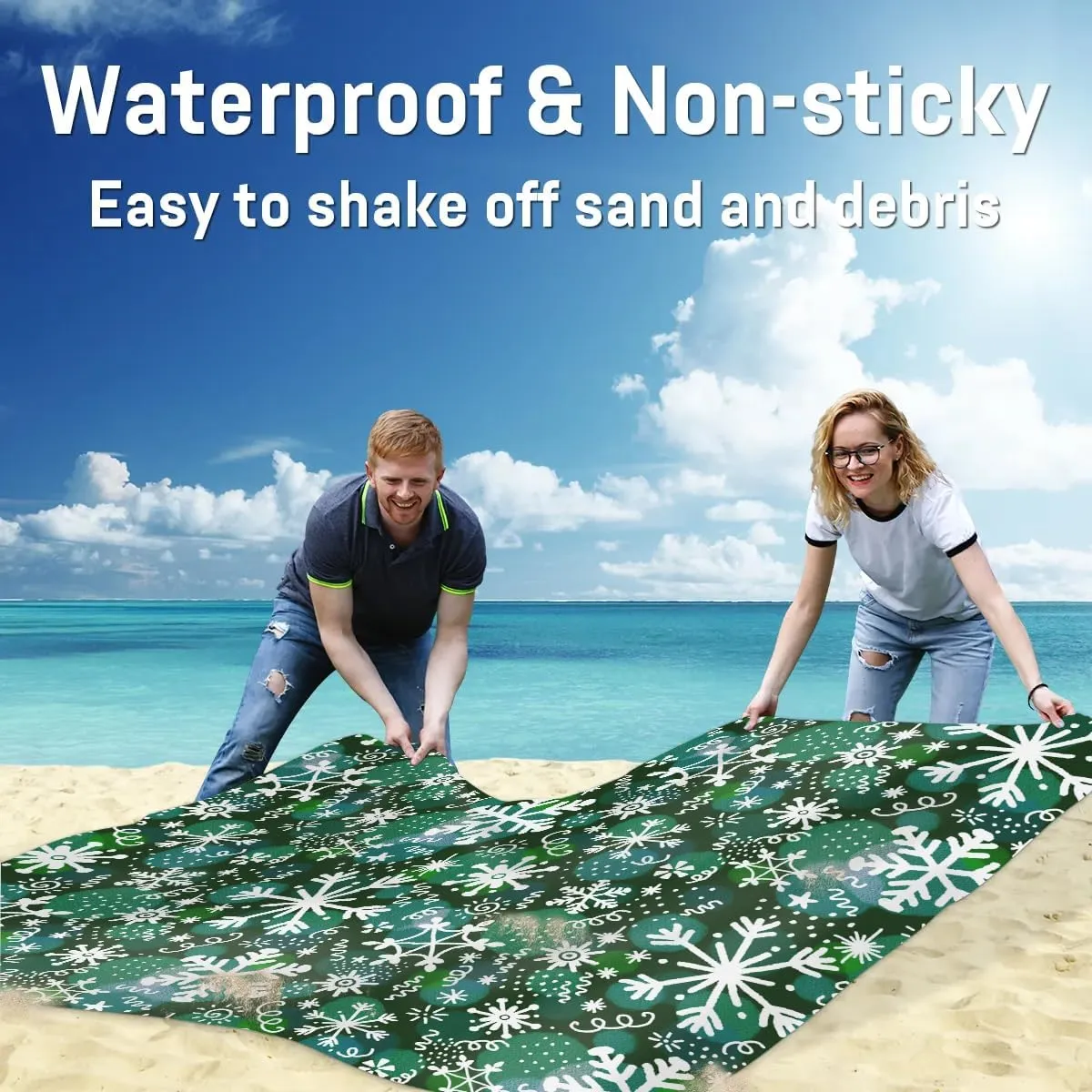 Snowflake Prints Beach Blanket, Sandproof Beach Mat, 68 x 59 Waterproof Quick Drying Sand Free Mat with 4 x Ground Spikes for Outdoor Travel Camping Hiking, Christmas