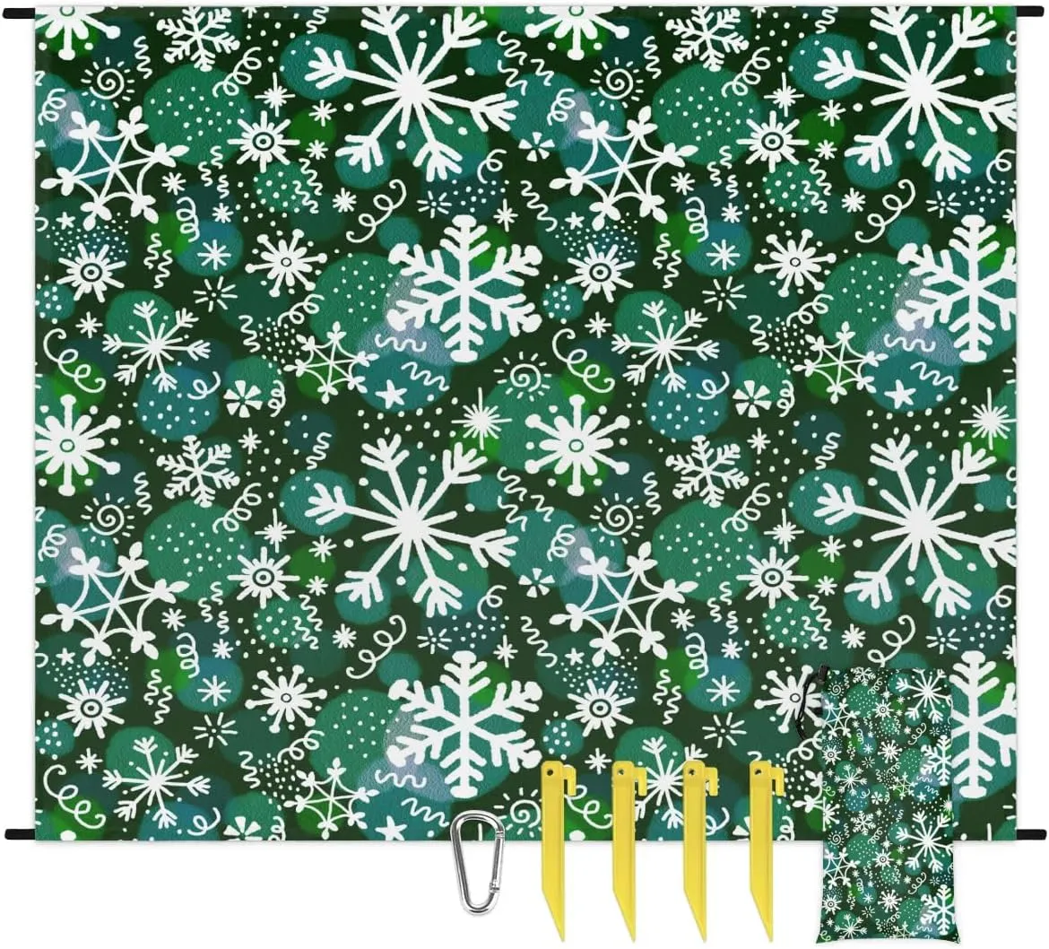Snowflake Prints Beach Blanket, Sandproof Beach Mat, 68 x 59 Waterproof Quick Drying Sand Free Mat with 4 x Ground Spikes for Outdoor Travel Camping Hiking, Christmas