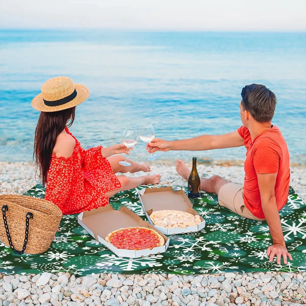 Snowflake Prints Beach Blanket, Sandproof Beach Mat, 68 x 59 Waterproof Quick Drying Sand Free Mat with 4 x Ground Spikes for Outdoor Travel Camping Hiking, Christmas