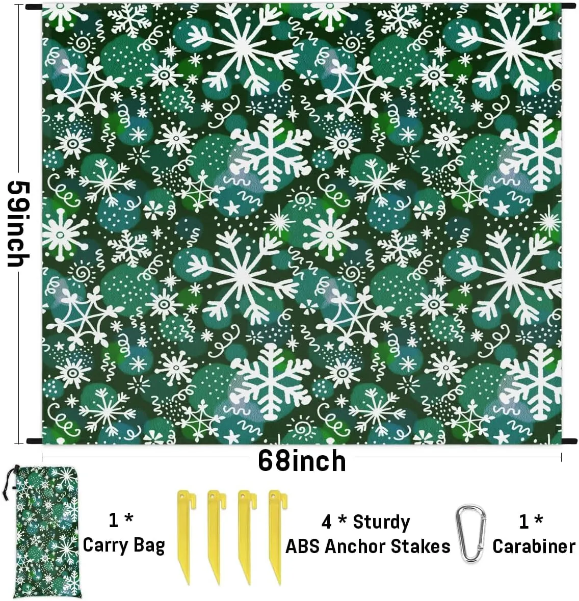 Snowflake Prints Beach Blanket, Sandproof Beach Mat, 68 x 59 Waterproof Quick Drying Sand Free Mat with 4 x Ground Spikes for Outdoor Travel Camping Hiking, Christmas