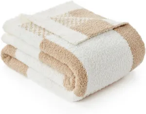 Snuggle Sac Checkered Blanket, Beige Throw Blanket for Couch Plaid Microfiber Fluffy Warm Cozy Fuzzy Soft Throw Blanket Reversible Checkerered Blankets for Sofa, Bed, 60x80 inches