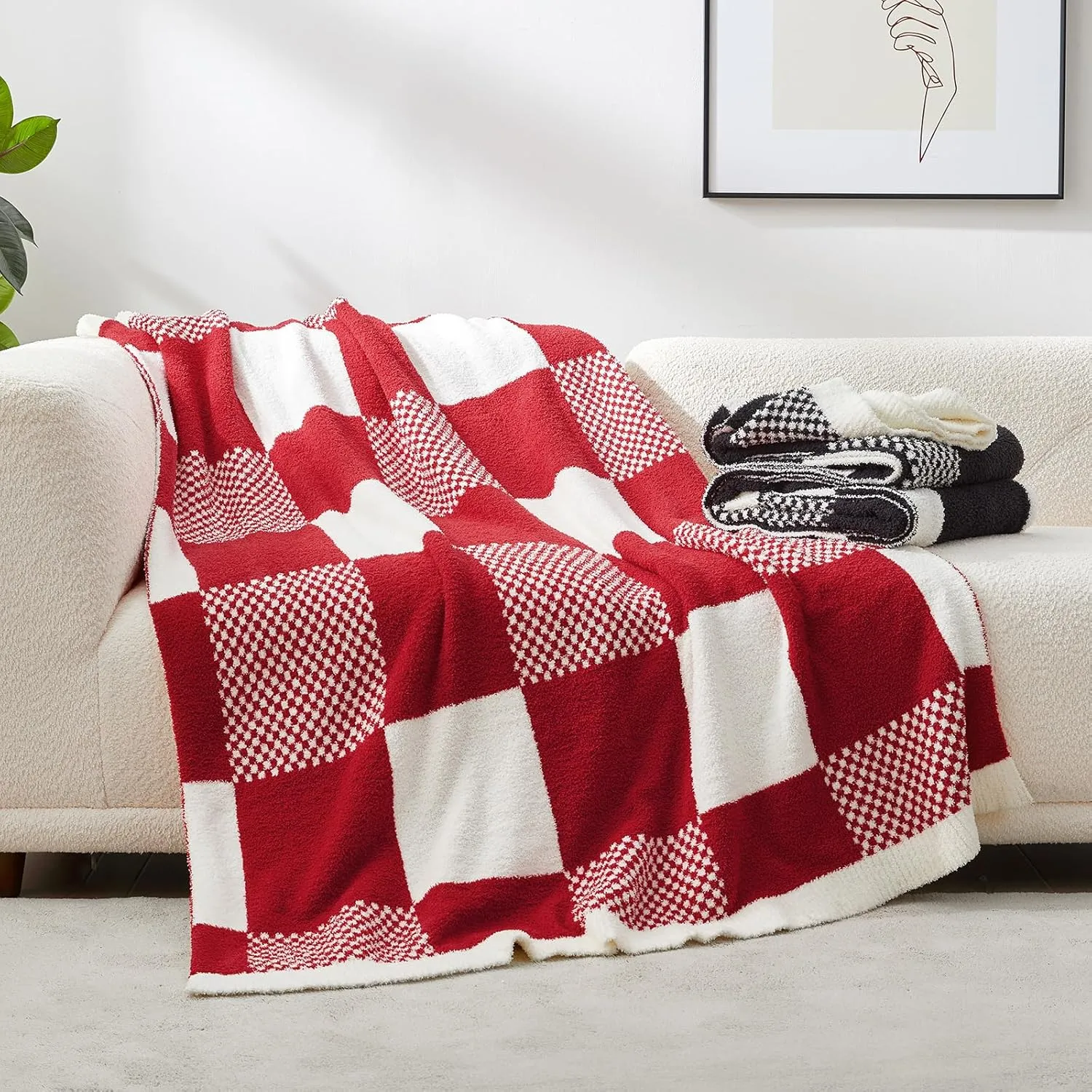 Snuggle Sac Checkered Blanket, Buffalo Plaid Checker, Lux Soft Fuzzy Cozy, Reversible Knitted, Red White, 60x80 inches