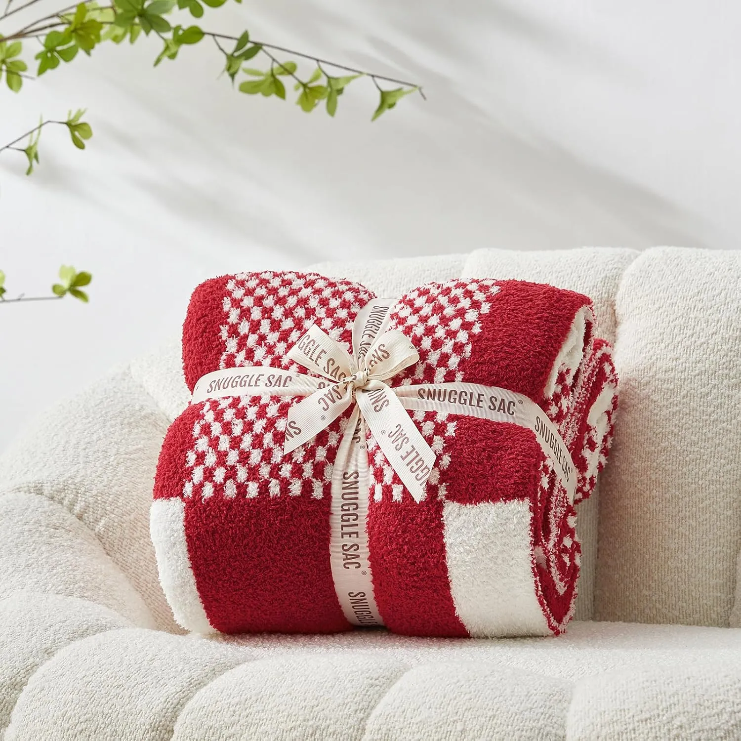 Snuggle Sac Checkered Blanket, Buffalo Plaid Checker, Lux Soft Fuzzy Cozy, Reversible Knitted, Red White, 60x80 inches