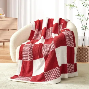 Snuggle Sac Checkered Blanket, Buffalo Plaid Checker, Lux Soft Fuzzy Cozy, Reversible Knitted, Red White, 60x80 inches