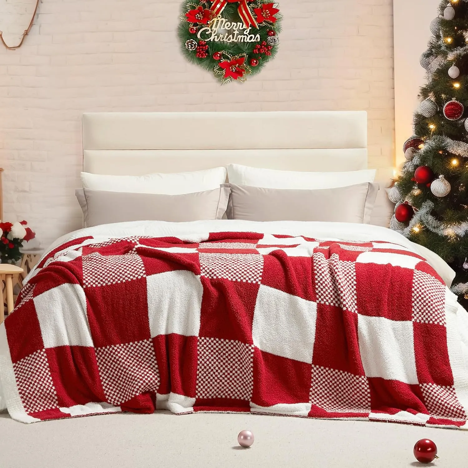 Snuggle Sac Checkered Blanket, Buffalo Plaid Checker, Lux Soft Fuzzy Cozy, Reversible Knitted, Red White, 60x80 inches