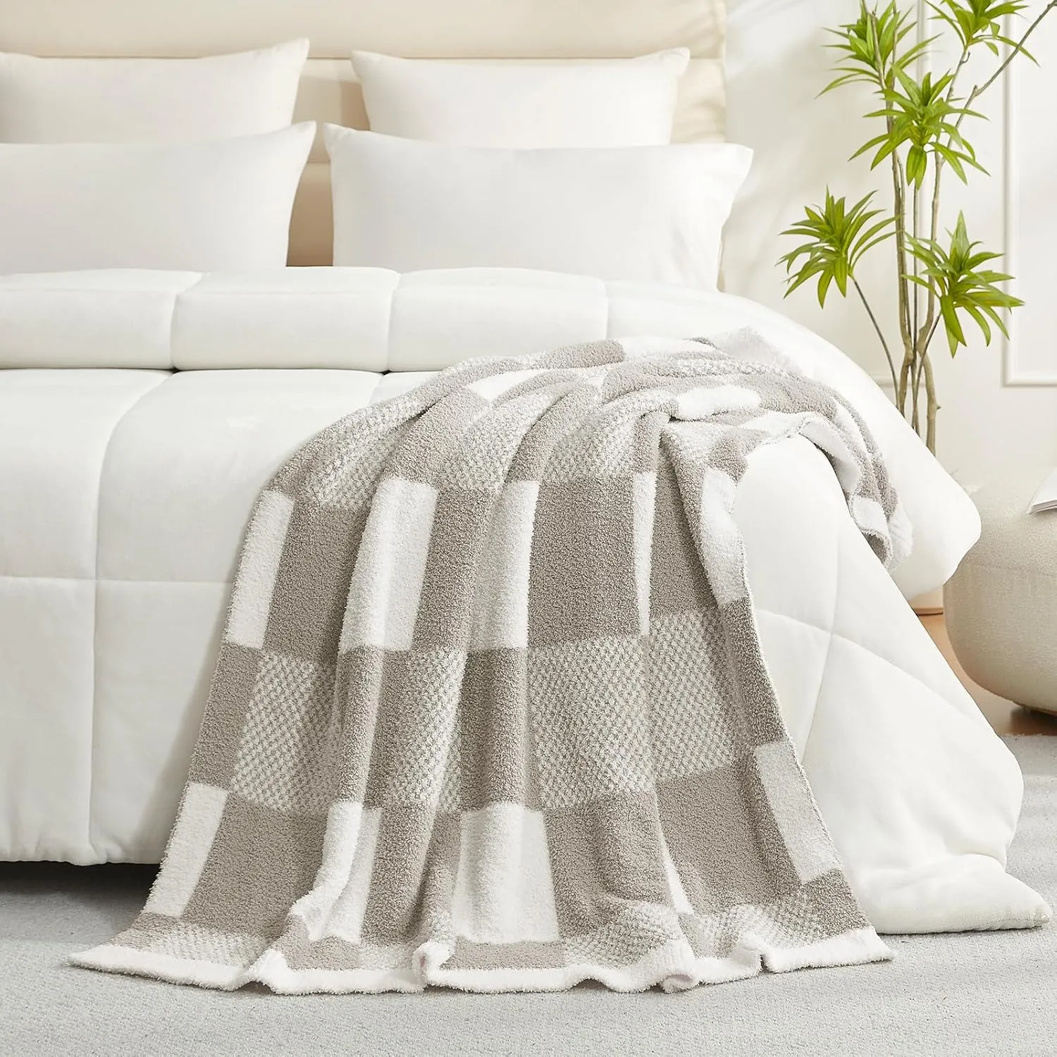 Snuggle Sac Checkered Blanket, Grey Throw Blanket for Couch Checker Microfiber Fluffy Warm Fuzzy Cozy Soft Throw Blanket Reversible Checkerered Blankets for Sofa, Chair, Bed, 60x80 inches