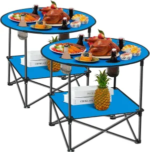 Soaoo 2 Pcs Folding Camping Table with 4 Mesh Cupholders 2 Tier Portable Folding Table Round Lightweight Fabric Compact Carrying Case Beach Table for Summer Outdoor Tailgating Fishing Hiking