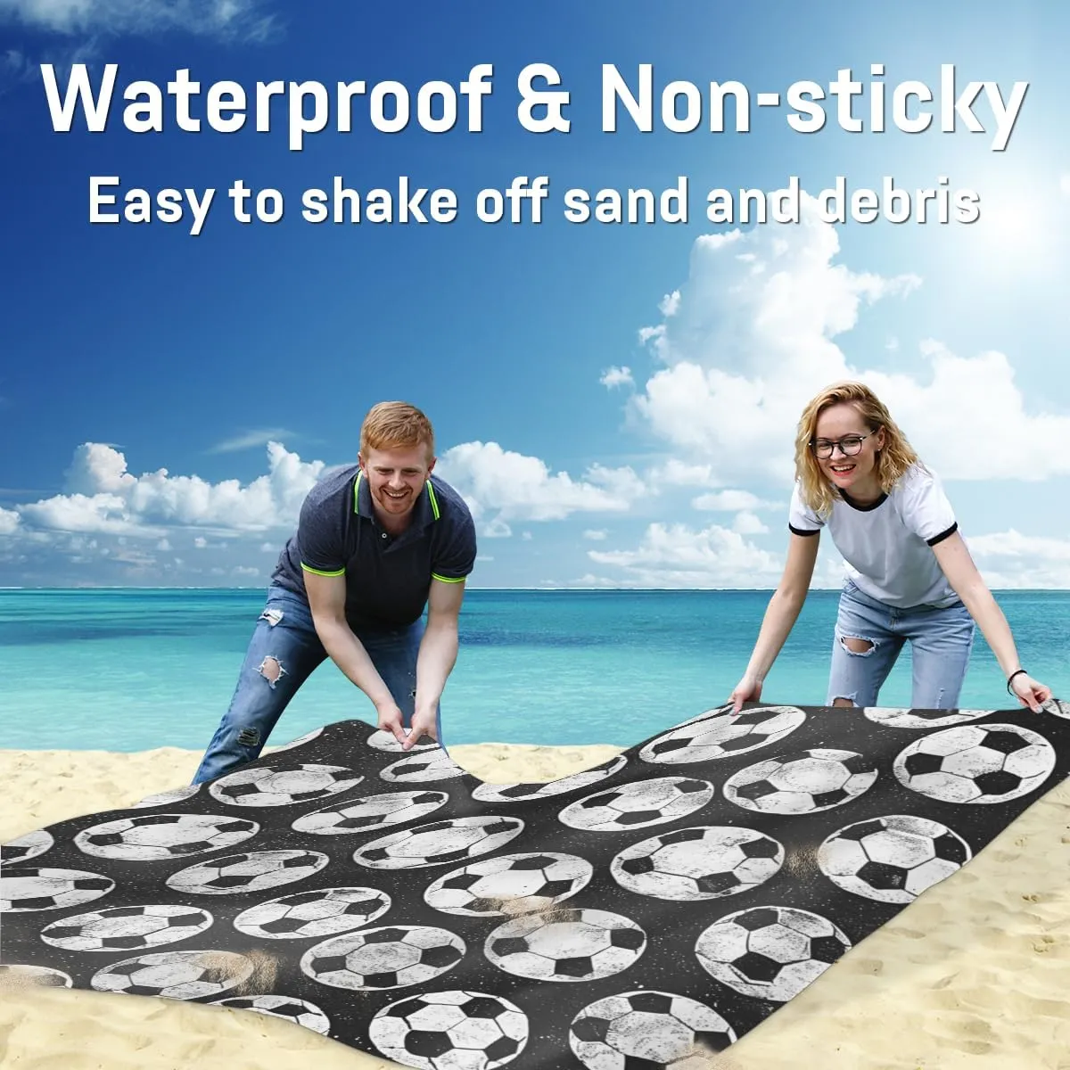 Soccer Ball Beach Blanket, Sandproof Beach Mat, Adults Waterproof Quick Drying Sand Free Mat with 4 x Ground Spikes for Outdoor Travel Camping Hiking, Soccer