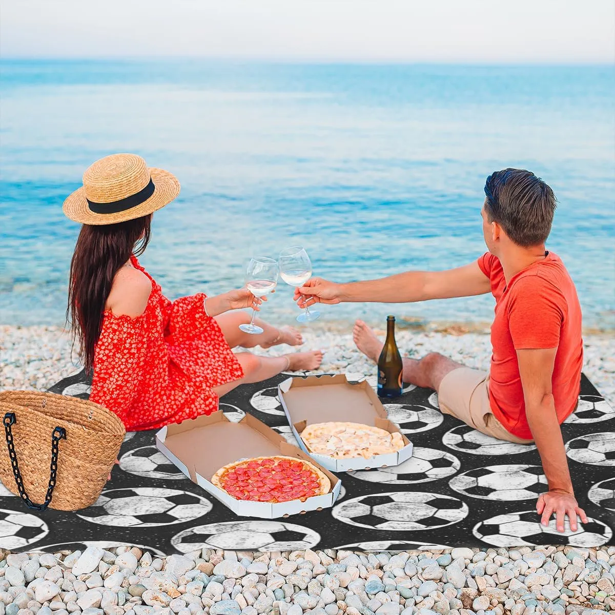 Soccer Ball Beach Blanket, Sandproof Beach Mat, Adults Waterproof Quick Drying Sand Free Mat with 4 x Ground Spikes for Outdoor Travel Camping Hiking, Soccer