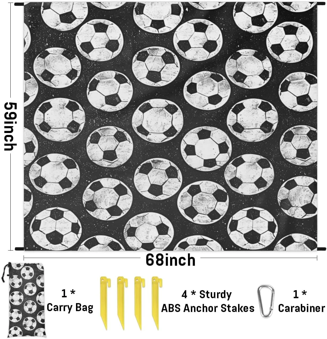 Soccer Ball Beach Blanket, Sandproof Beach Mat, Adults Waterproof Quick Drying Sand Free Mat with 4 x Ground Spikes for Outdoor Travel Camping Hiking, Soccer