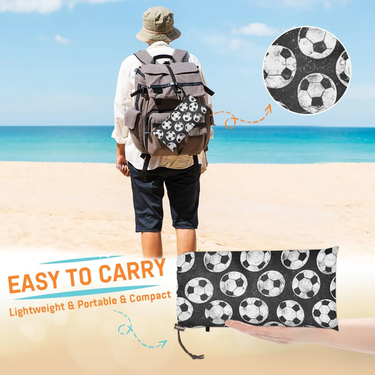 Soccer Ball Beach Blanket, Sandproof Beach Mat, Adults Waterproof Quick Drying Sand Free Mat with 4 x Ground Spikes for Outdoor Travel Camping Hiking, Soccer