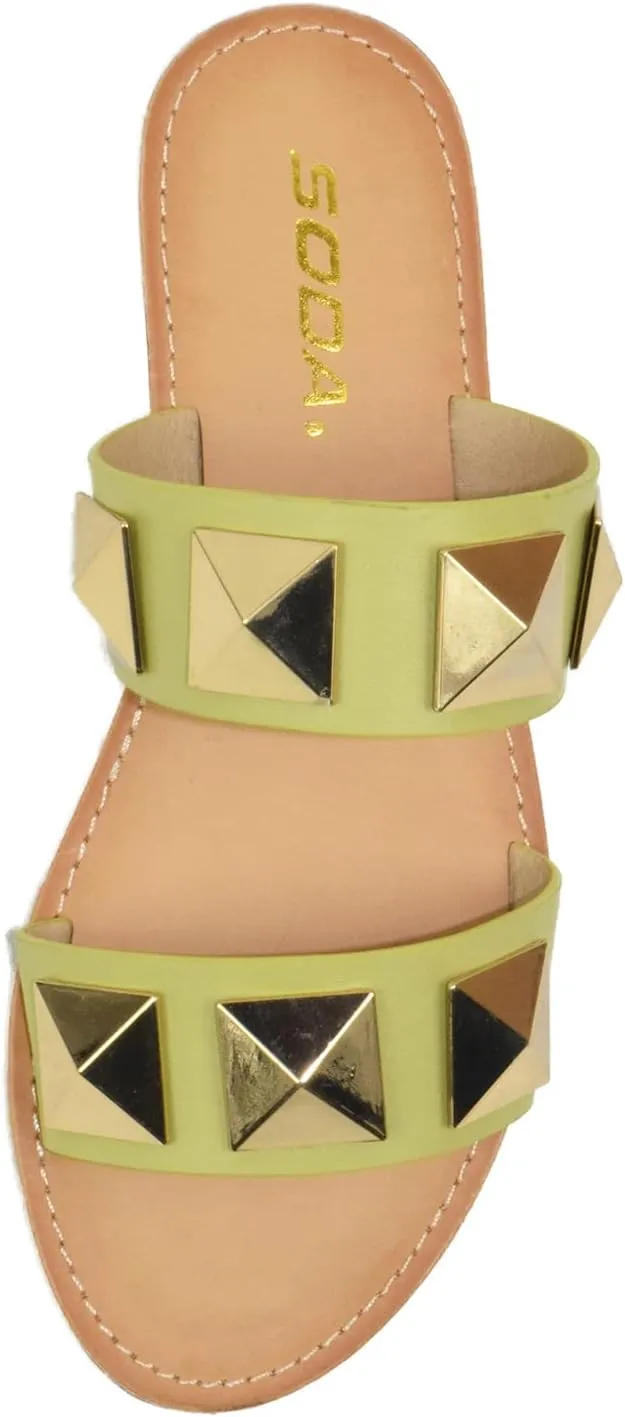 Soda Shoes Women's Sandals Double Strap Flip Flops Slides Large Gold Studded CETUS-S