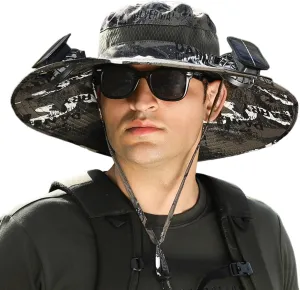Solar Fan Hat, Women Men Wide Brim Sun Hats with 2 Solar Fan, UPF 50  Breathable Bucket Hat Outdoor Fishing Hat for Camping