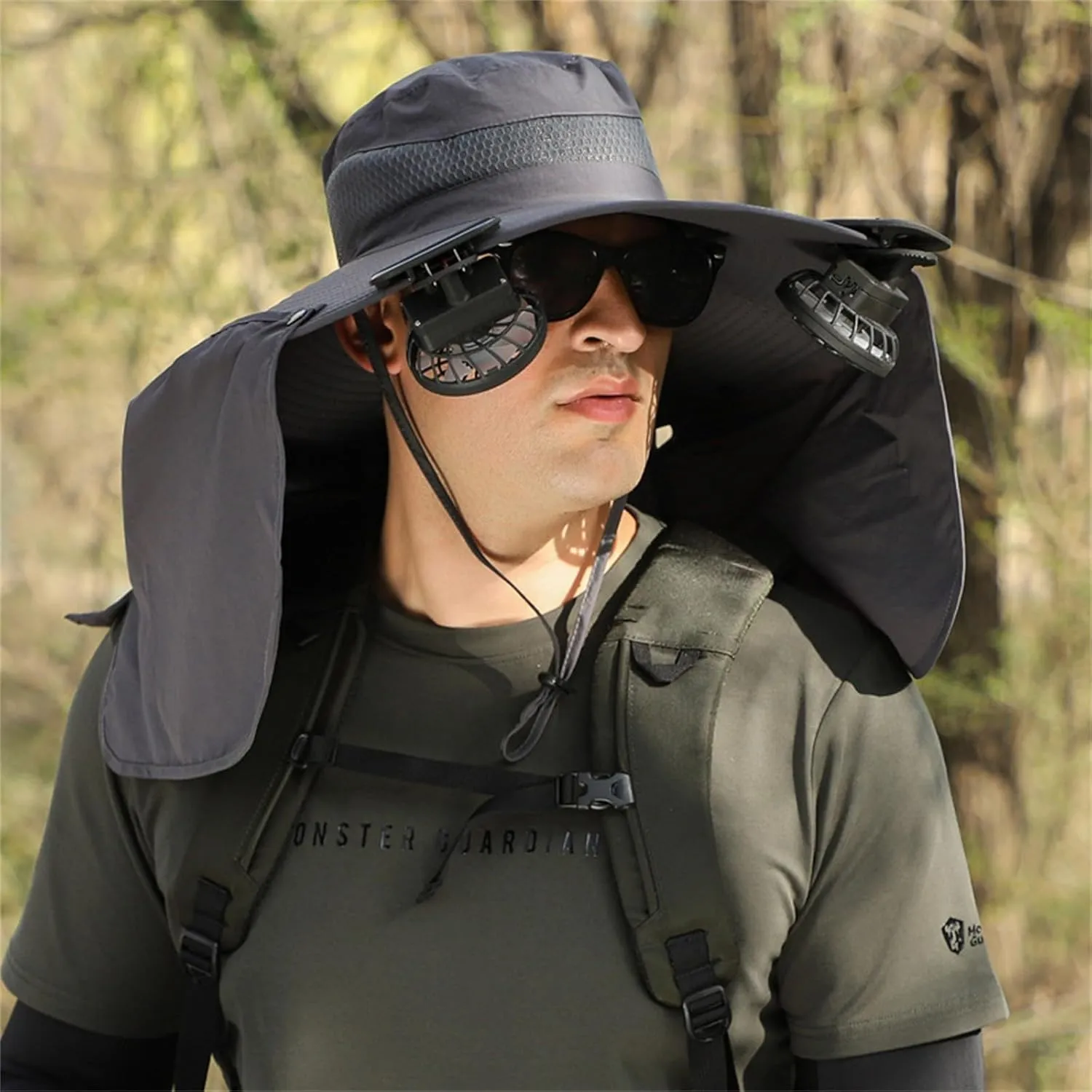 Solar Fan Hats for Men Women, UPF 50  Wide Brim Sun Hats with 2 Solar Fan, Breathable Bucket Hat Outdoor Fishing Hats
