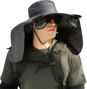 Solar Fan Hats for Men Women, UPF 50  Wide Brim Sun Hats with 2 Solar Fan, Breathable Bucket Hat Outdoor Fishing Hats