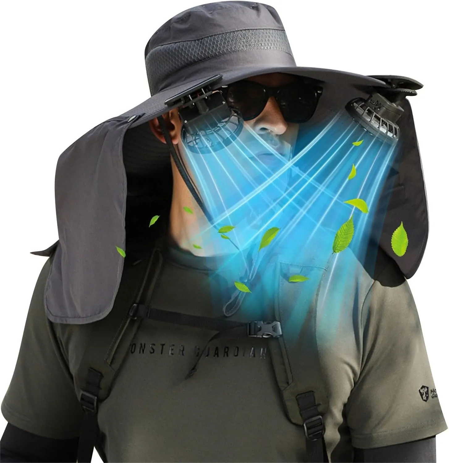 Solar Fan Hats for Men Women, UPF 50  Wide Brim Sun Hats with 2 Solar Fan, Breathable Bucket Hat Outdoor Fishing Hats