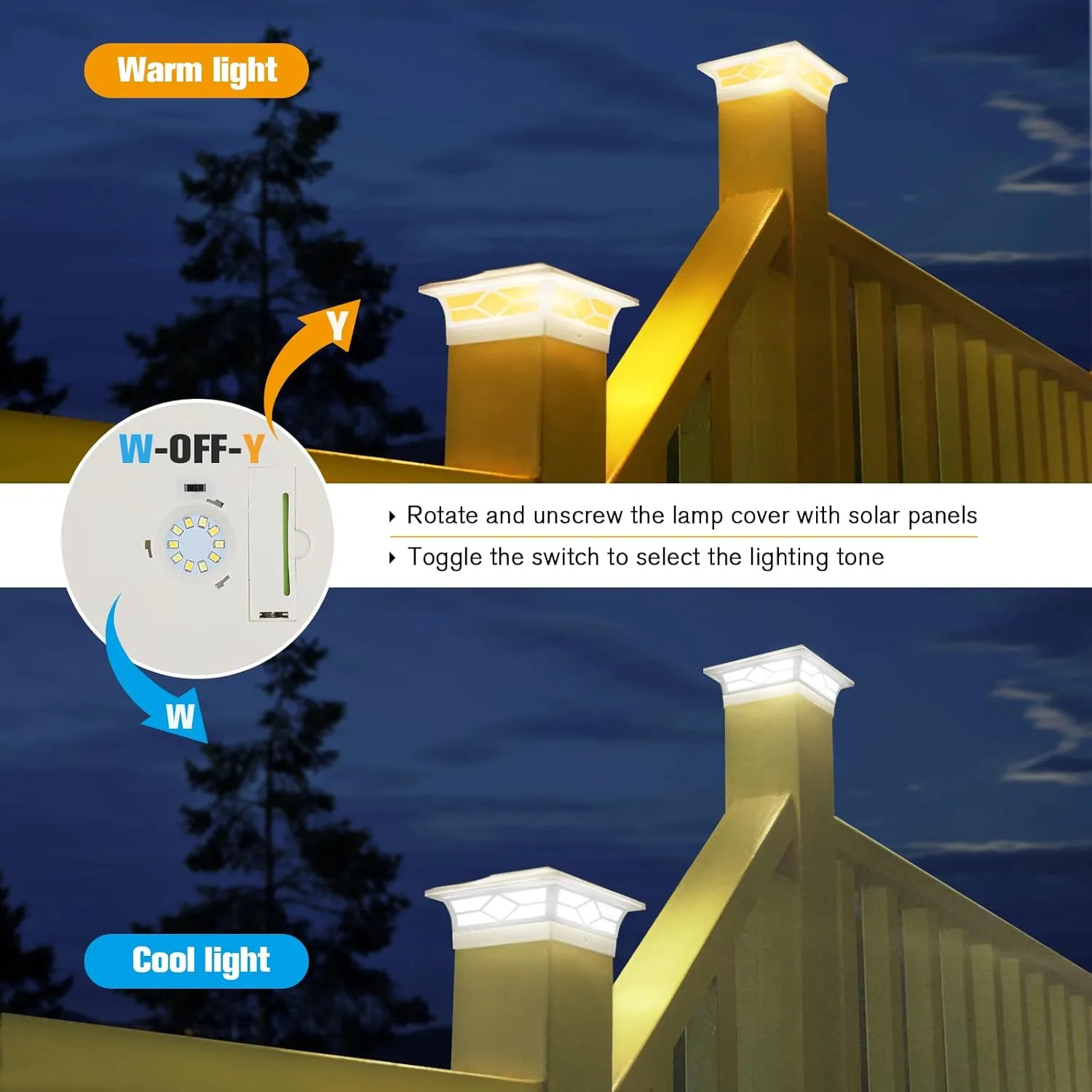 Solar Fence Post Lights, 4x4 Cap for Vinyl Fence, Deck Outdoor Warm White/Cool White, Waterproof White Decorate Garden Pathway