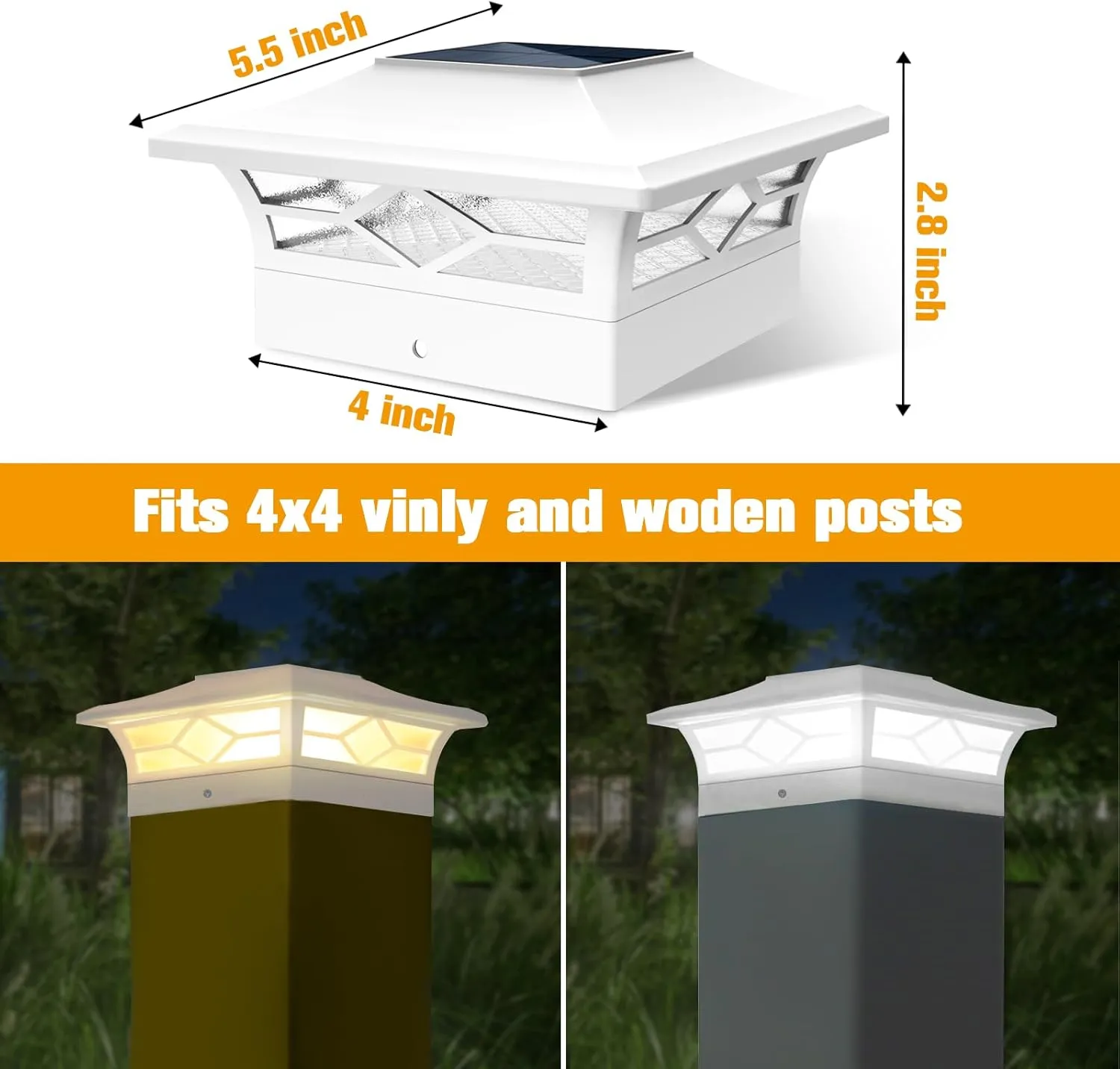 Solar Fence Post Lights, 4x4 Cap for Vinyl Fence, Deck Outdoor Warm White/Cool White, Waterproof White Decorate Garden Pathway