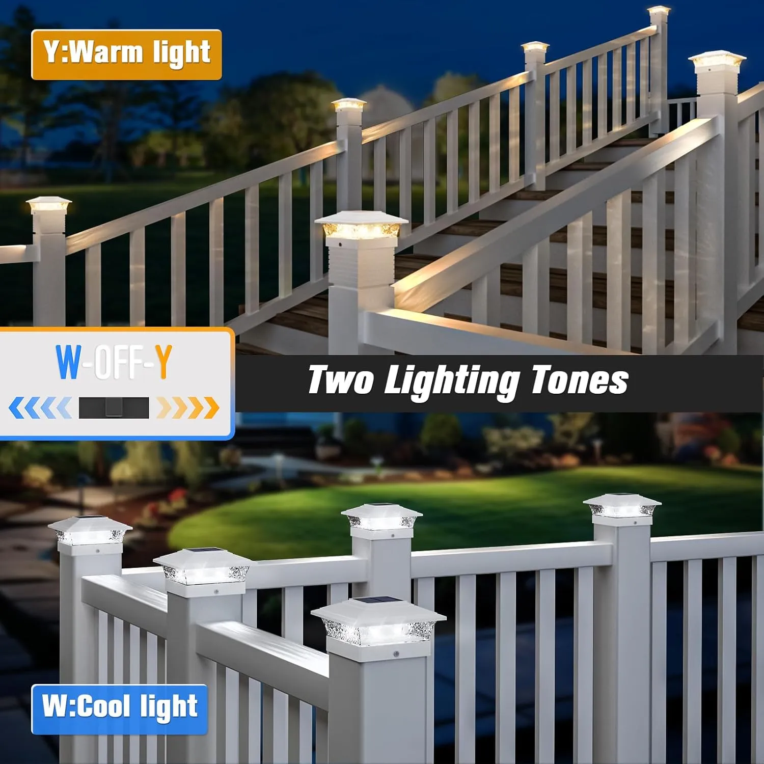 Solar Post Cap Lights Outdoor 12pack, Waterproof Fence Post Lights with 16 Ultra Bright LEDs Fit 4x4 Wood/Vinyl Posts, White Deck Post Lights with Warm/Cool White for Garden Patio Porch Yard