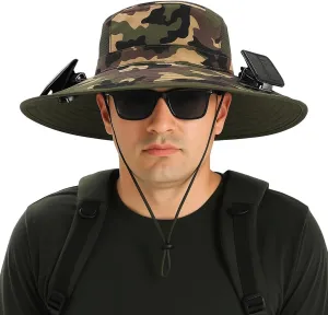 Solar Powered Fan Hat for Men & Women – UPF50  Wide Brim Camo Sun Hat for Outdoor Hiking, Fishing, Camping, Gardening – Cooling Bucket Hat with USB Rechargeable Fan, UV Protection, Breathable Design